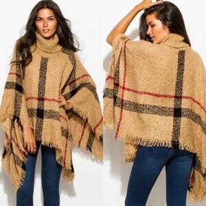 Poncho Plaid Turtleneck Fringe Shawl in Tan